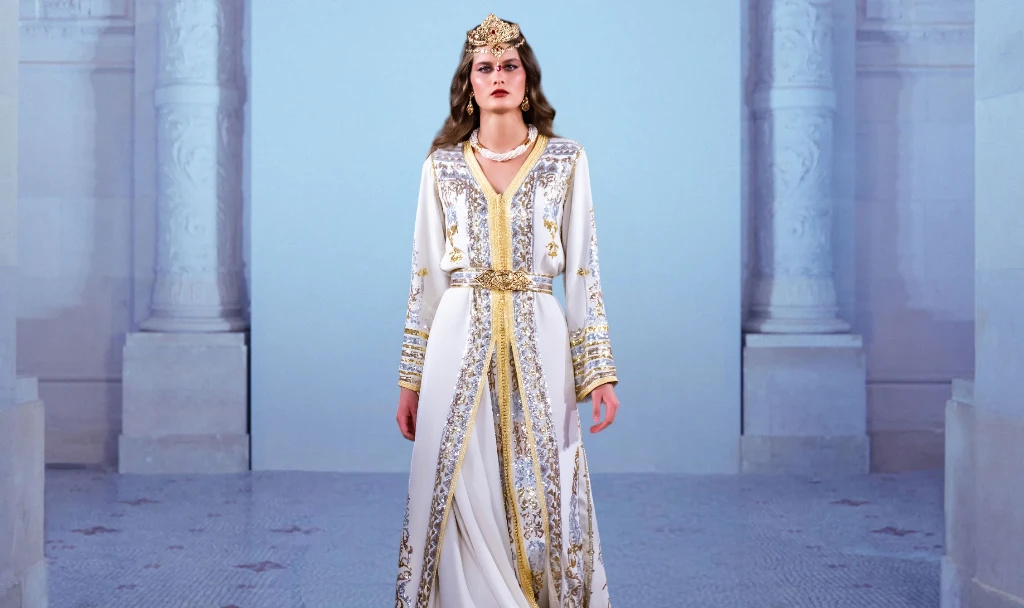 Caftan sur-mesure travaillé à la main, conçu par Mautassin avec des matériaux luxueux.